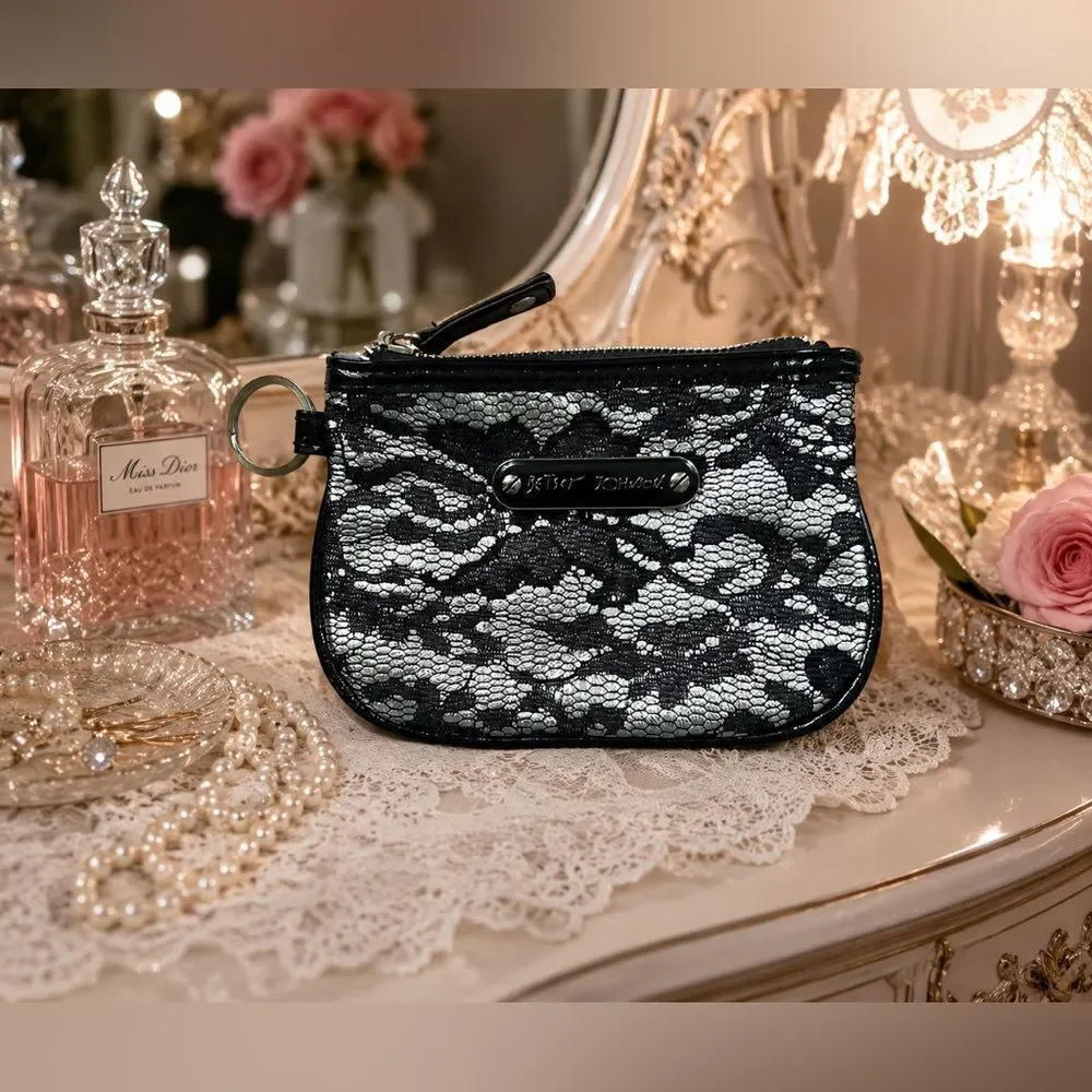 *Betsey Johnson* Black Lace Keyring Mini Travel Glam Pouch EUC Y2K